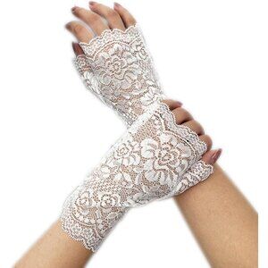 Women's Evening Classic White Fingerless Floral Short Banquet Lace Gloves